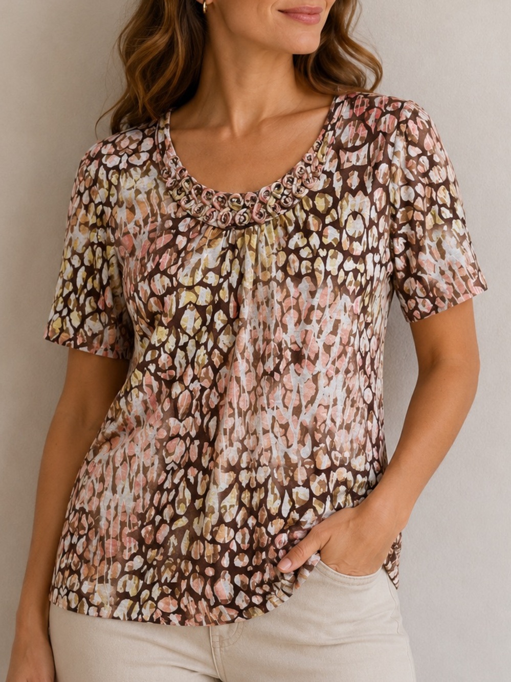 Vintage Abstract Print Short Sleeve Tee Women’s Small Brown Pink Scoop Neck Top